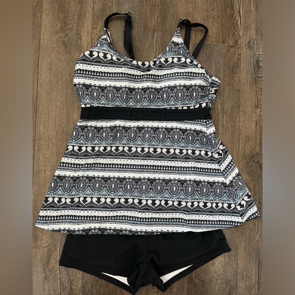 American Trends 2 Piece Swimsuit Tankini Top with Boyshorts Black Blue White XL